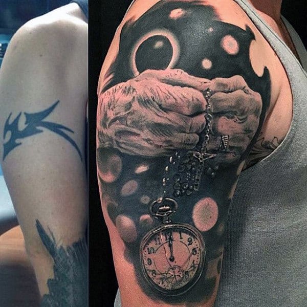 Sureallistic Mens Pocket Watch Tattoo On Arms