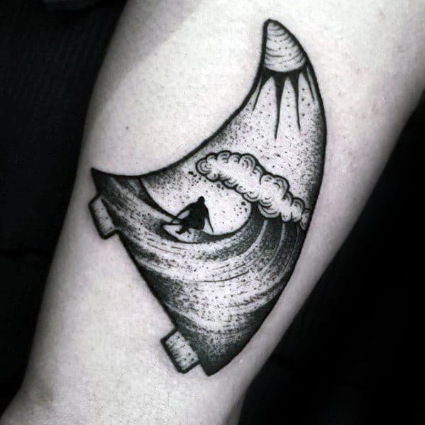 Surfer Inside Shark Fin Mens Dotwork Arm Tattoos