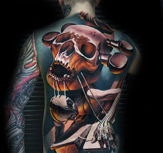 Surrealism Violin Skull 3d Full Back Guys Tattoo Ideas