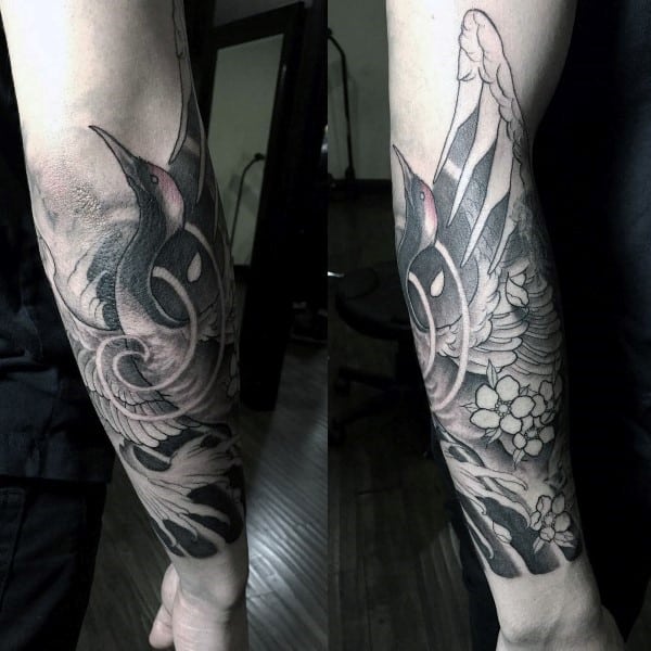 Swan Cherry Blossom Wrist And Forearm Sleeve Tattoos For Men
