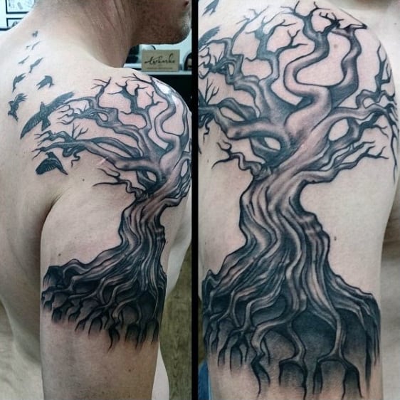 Swarm Of Ravens And Ghostly Tree Tattoo On Shoulders For Men