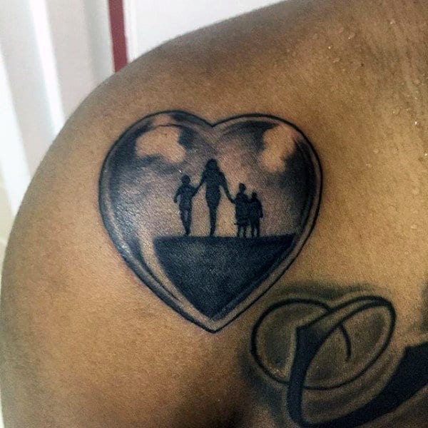 Sweet Family Inside Reflective Heart Tattoo Guys Shoulder
