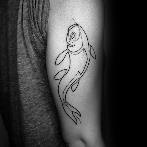 Swimming Koi Fish Simple Line Mens Tricep Tattoo