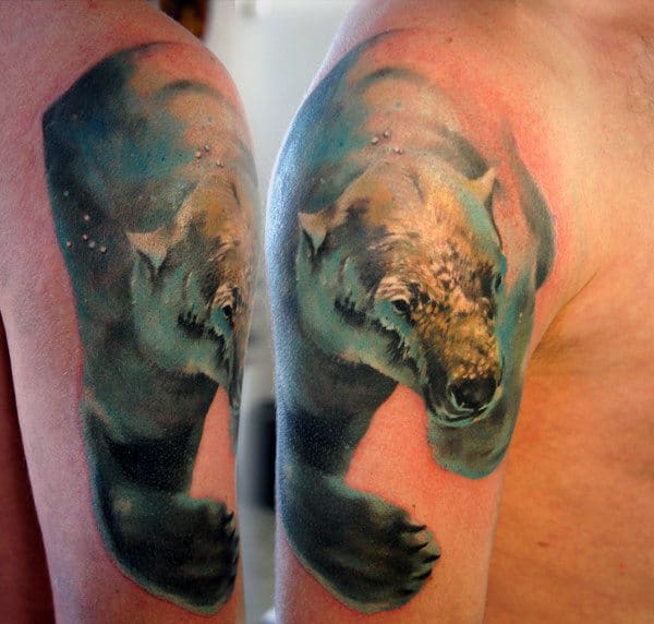 Swimming Polar Bear Guys Realistic Arm And Shoulder Tattoo