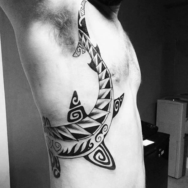 Swimming Shark Mens Tribal Ribs Tattoo