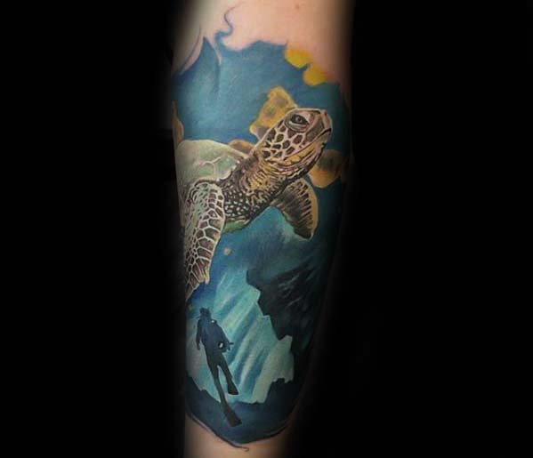 Swimming Turtle With Diver Underwater Badass Guys Forearm Tattoo Inspiration