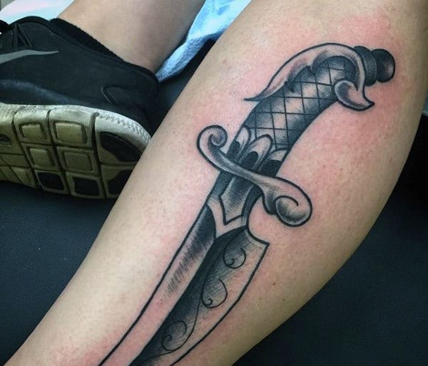 Sword Of Truth Tattoo For Males On Lower Leg