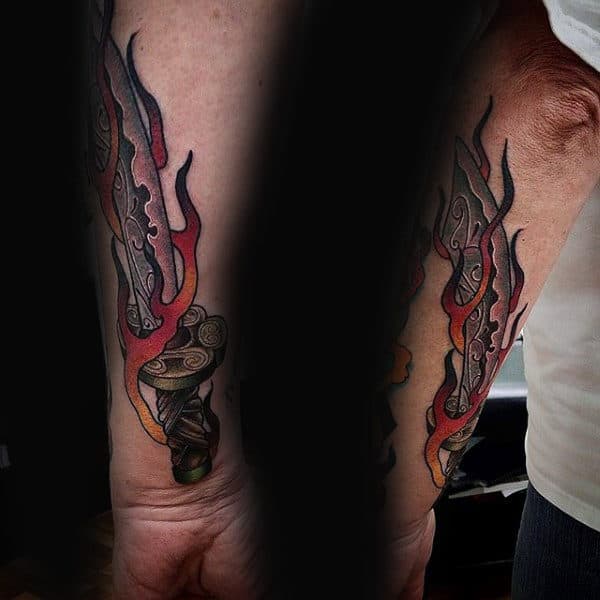 Sword On Fire Mens Inner Forearm Tattoos
