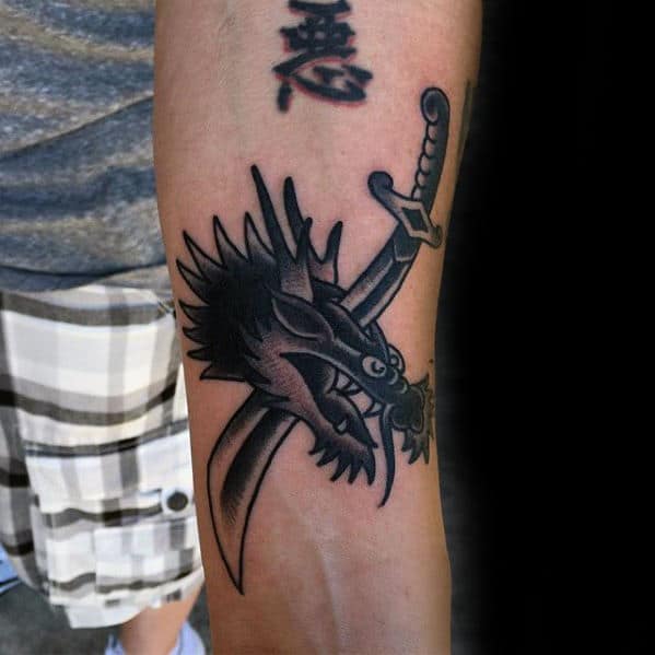 Sword With Dragon Head Mens Traditional Inner Forearm Tattoo