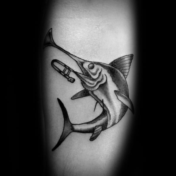 Swordfish With Trumpet Theme Leg Calf Tattoos For Gentlemen