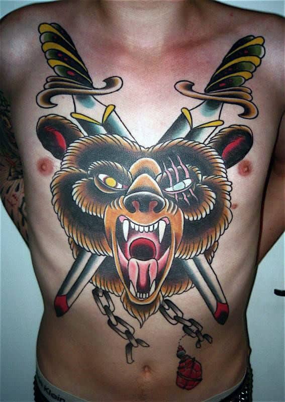 Swords With Traditional Bear Head Mens Chest Tattoos
