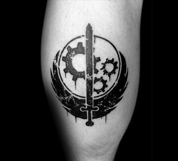 Symbol Leg Calf Fallout Tattoo Design On Man