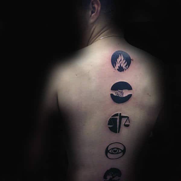 Symbols Fire Male Back Spine Tattoos