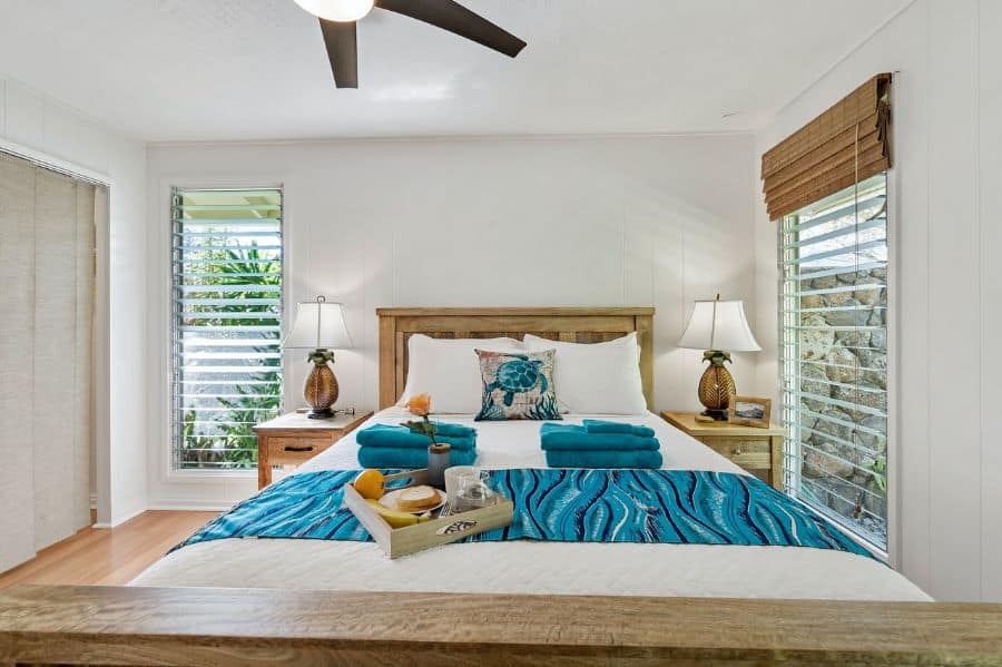 modern bedroom wood bed shutters
