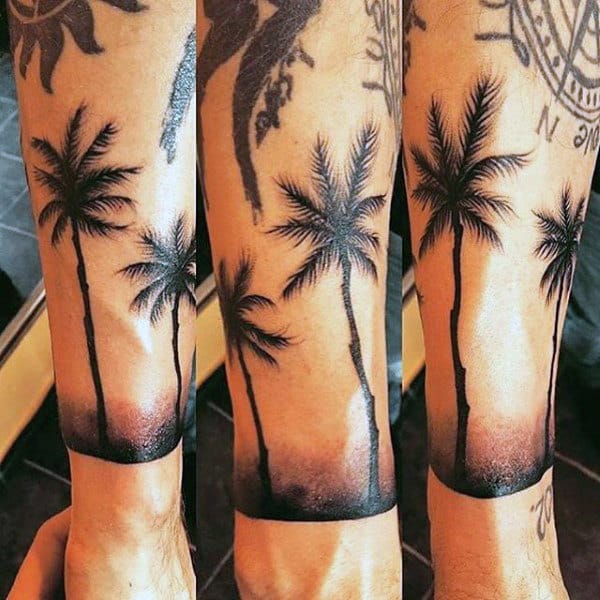 Tall Black Palm Trees Tattoo On Lower Legs For Men
