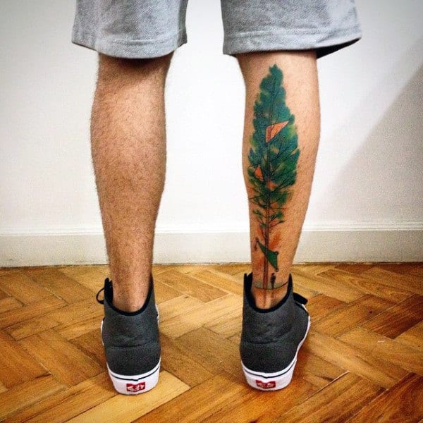 Tall Green Watercolor Tree Tattoo Guys Lower Legs