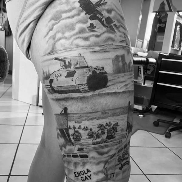 Tanks On Beach Mens Ww2 Thigh Sleeve Tattoo