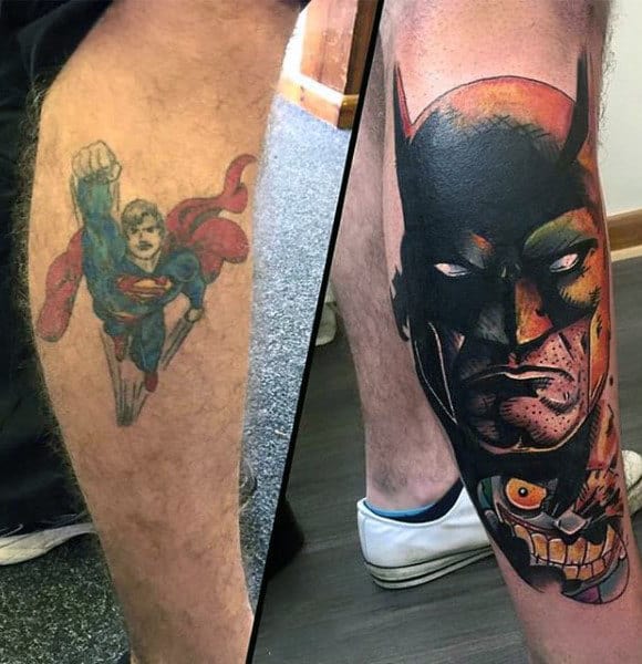 Tattoo Cover Up Batman Design On Mans Leg
