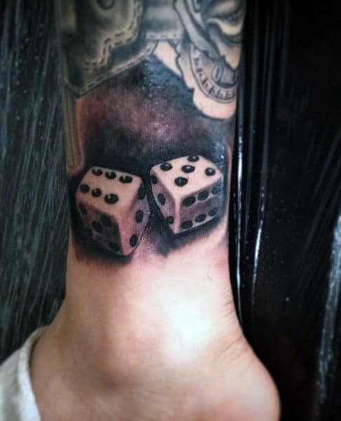 Grey Ink Flaming Dice Gambling Tattoo On Hand