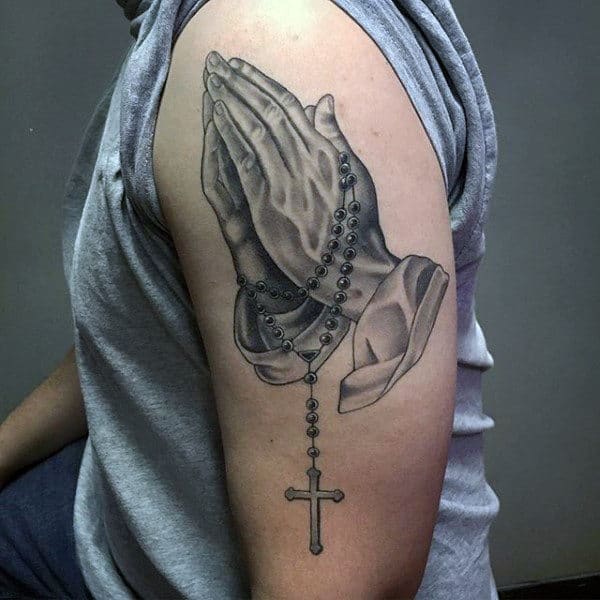 Tattoo Mens Designs Praying Hands Rosary On Upper Arm With Cross