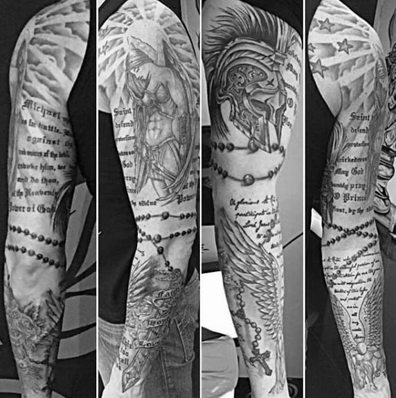 Tattoo Of A Rosary On Male Full Sleeve With Bible Quote