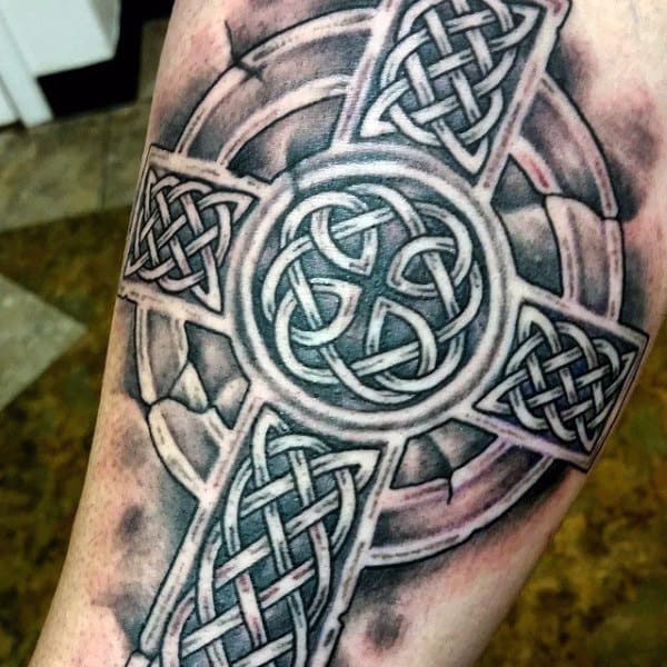 Tattoos Of Celtic Crosses On Male With Shaded Black And White Ink