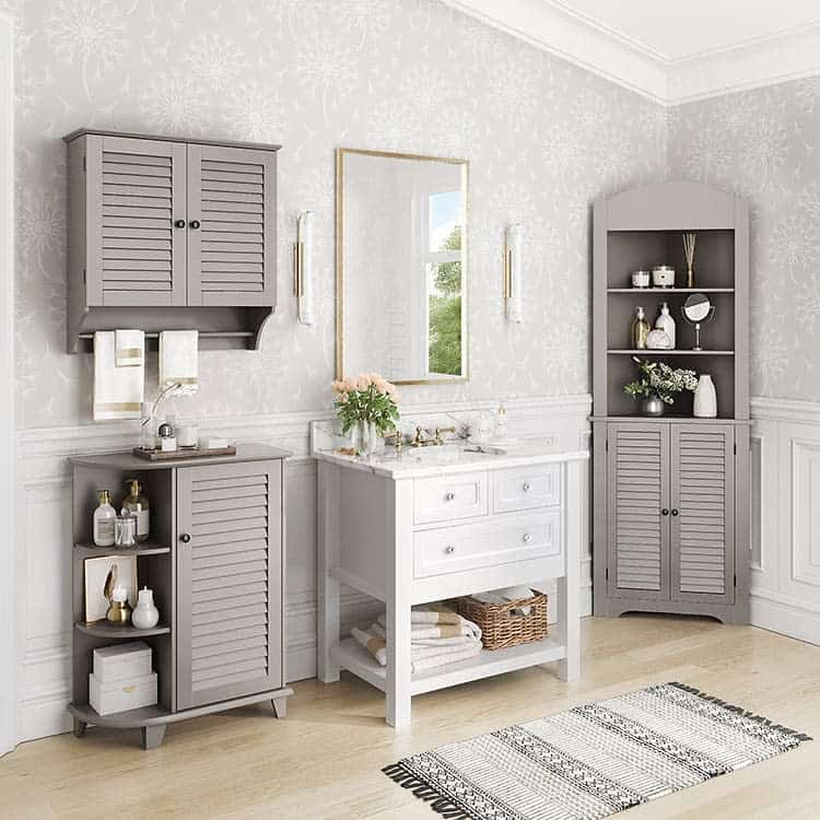 grey cabinets and white shelf unit