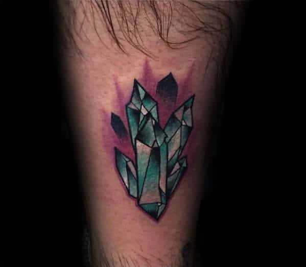 Teal Glowing Crystal Mens Back Of Leg Tattoo