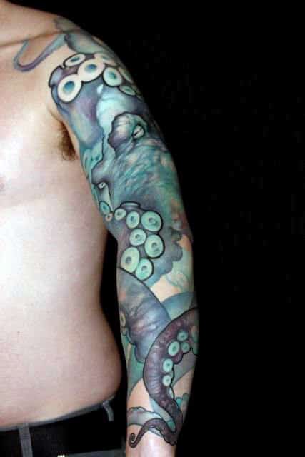 Teal Octopus Male Full Arm Sleeve Tattoo Design Ideas