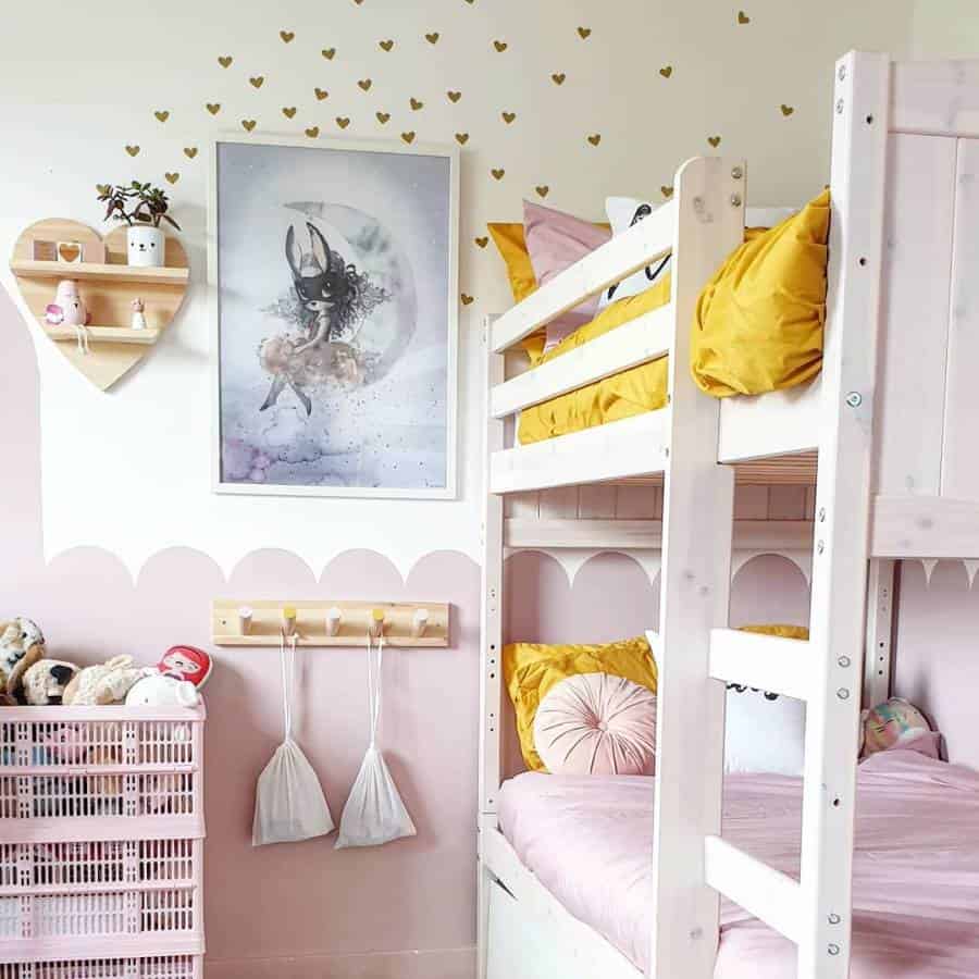 pink and white wall kids room bunk beds 