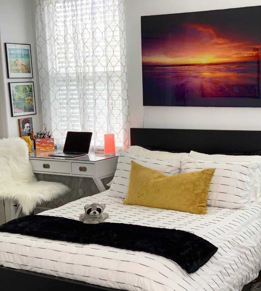 small teen girl bedroom ideas with desk and sunset wall art