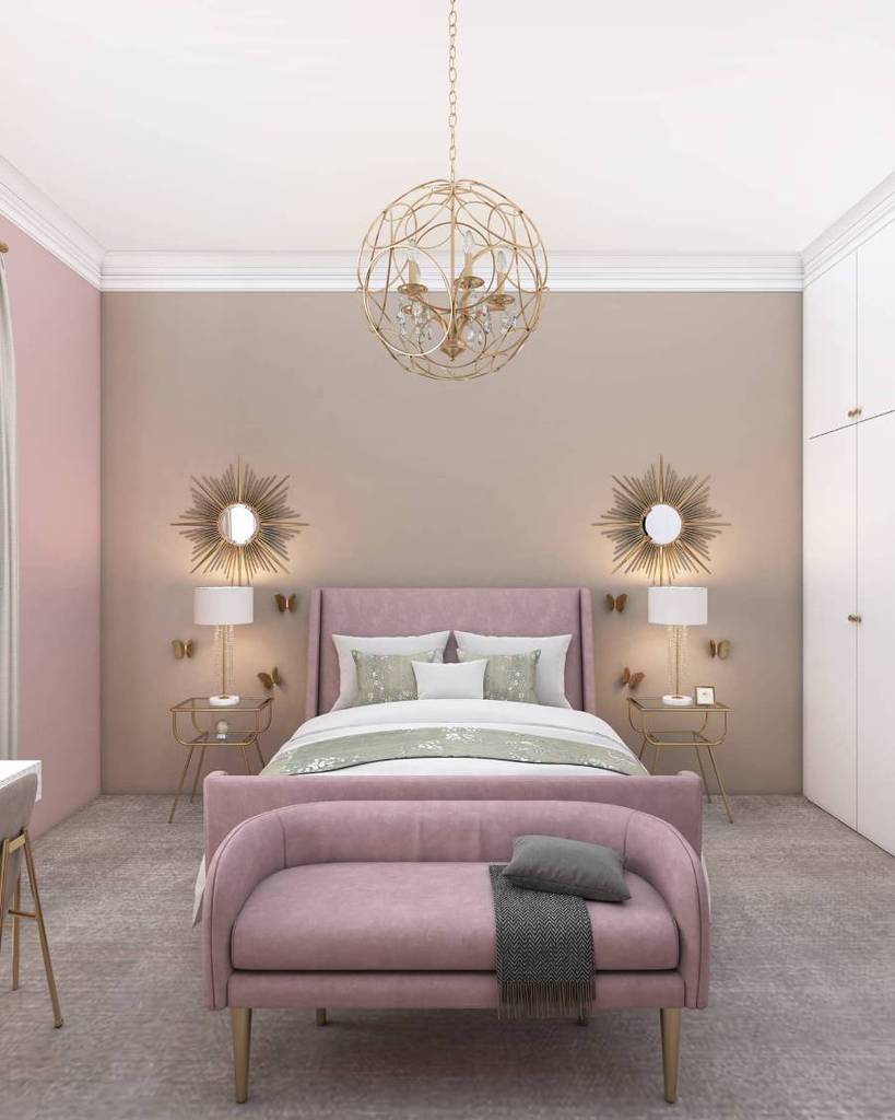 purple bedroom ottoman twin mirrors orb chandelier