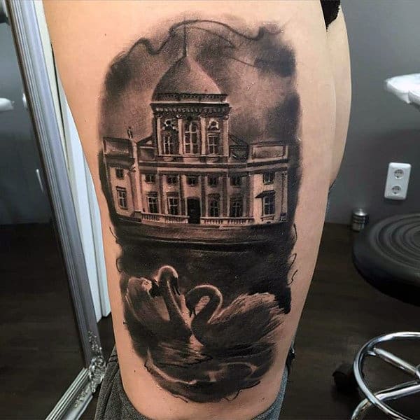 Temple With Swans Black Ink Guys Thigh Tattoo