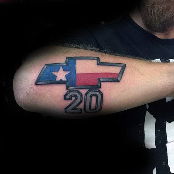 Texas Flag With Chevy Logo Outer Forearm Tattoos For Men.