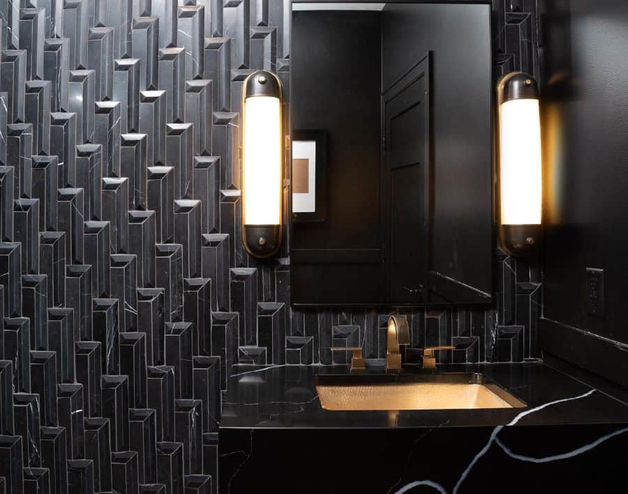 black textured wall bathroom gold finishings