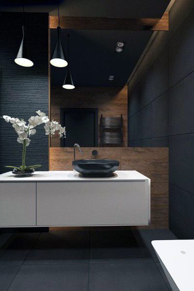 modern bathroom white vanity black oval sink flowers 