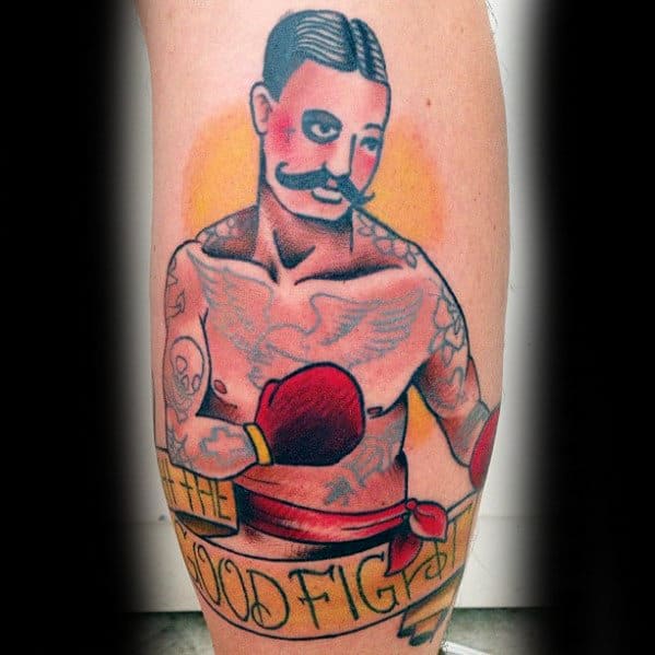 The Good Fight Traditional Boxer Leg Tattoo Designs For Guys