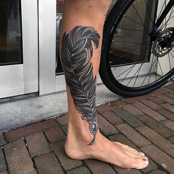 Thick Grey Feather Tattoo On Lower Legs For Men