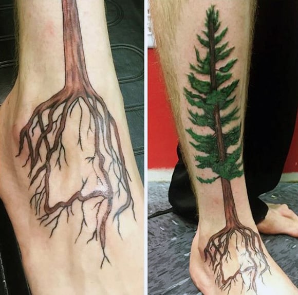 Thick Rooted Coniferous Tree Tattoo Foot Mens