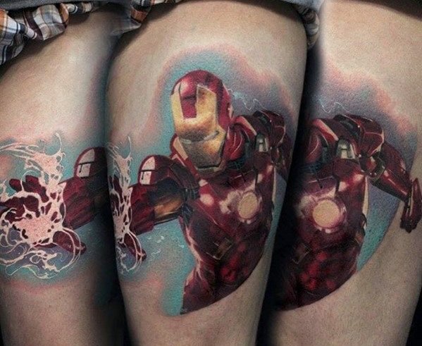 Thigh 3d Realistic Iron Man Mens Tattoo Ideas