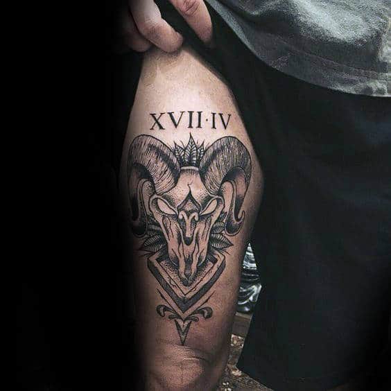 Thigh Aries Tattoo On Man With Roman Numerals