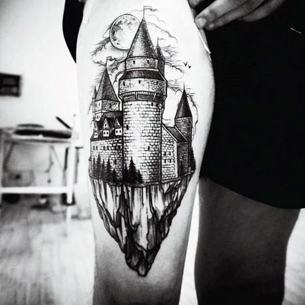 Thigh Castle With Mountain Cliff Design Tattoo For Men