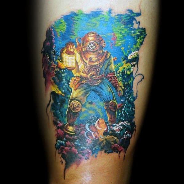 Thigh Colorful Underwater Deep Sea Diver Tattoo Ideas For Males