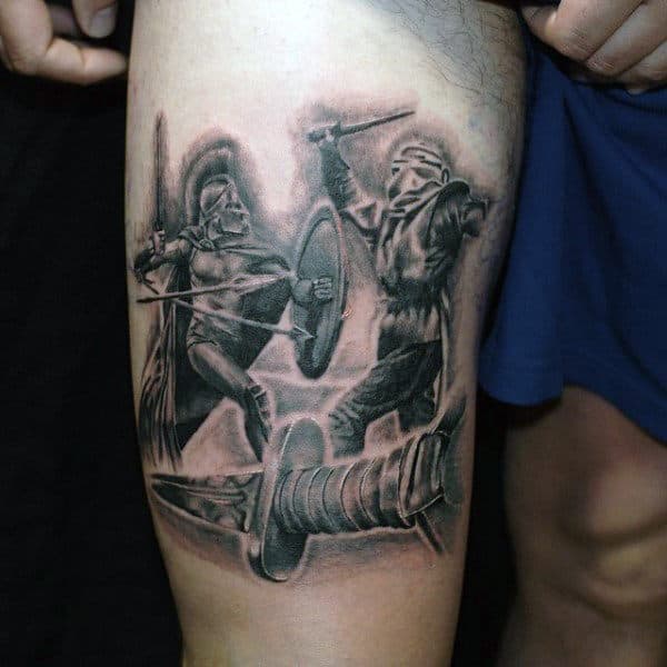 Thigh Cross Sword Tattoo For Males