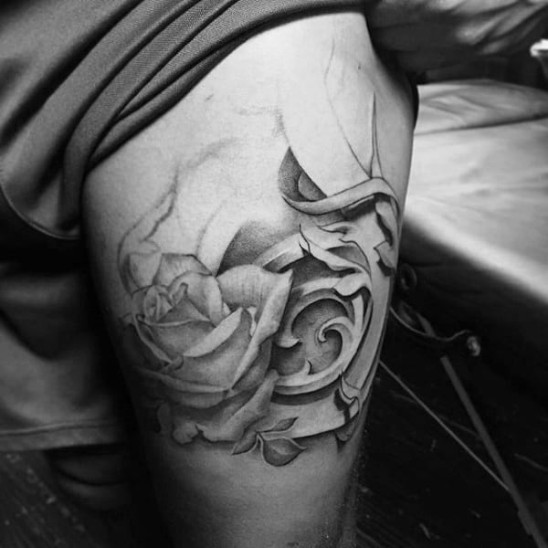 Thigh Filigree Rose Mens Tattoo Inspiration