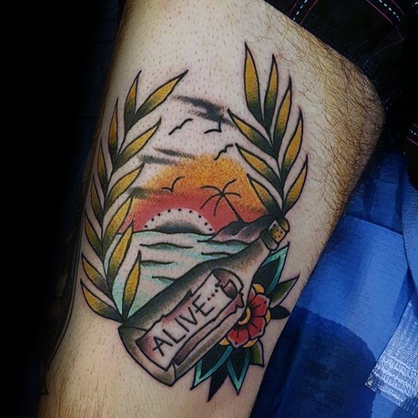 Thigh Guys Message In A Bottle Alive Paper With Sunset Tattoos
