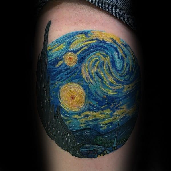 Thigh Guys Starry Night Painting Van Gogh Tattoo