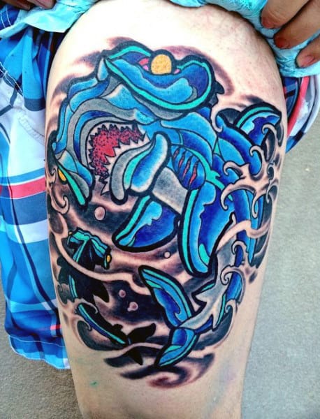 Thigh Hammerhead Shark Male Tattoo Ideas