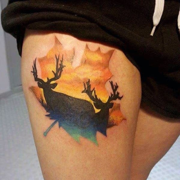 Thigh Leaf Deer Mens Tattoos
