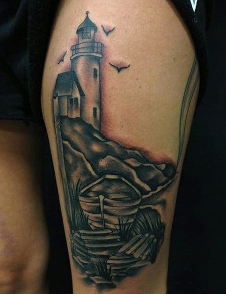 Thigh Lighthouse Boat Tattoo Men